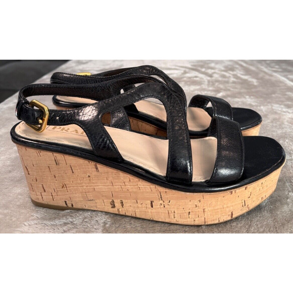 Prada Vintage Black Leather Cork Wedge Slingback Sandals EU 39 US 8 - Picture 2 of 8